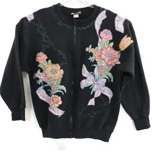 Vintage Lee Sweatshirt Womens 20W Black Zip Front Floral Ribbon Embroidered 90s
